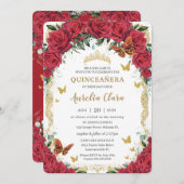 Quinceañera Red Floral Vintag Gold Schmetterlinge Einladung (Vorne/Hinten)