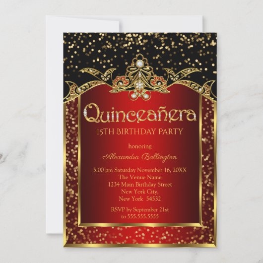 Quinceanera Red Gold Black Birthday Party Einladung (Vorderseite)