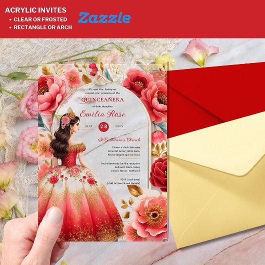 Quinceañera Red Gold Mis Quince Dress Blume Acryleinladungen