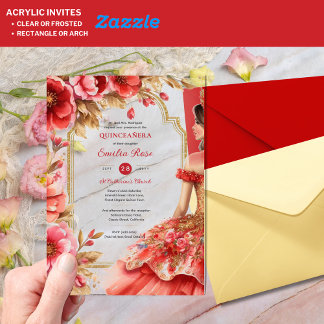 Quinceañera Red Gold Mis Quince Dress Blume Acryleinladungen