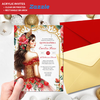 Quinceañera Red Gold Mis Quince Dress Blume Acryleinladungen