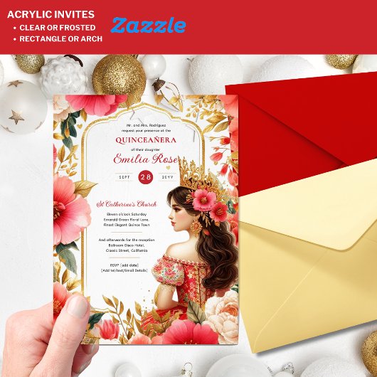 Quinceañera Red Gold Mis Quince Dress Blume Acryleinladungen