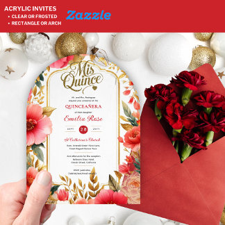 Quinceañera Red Gold Mis Quince Rose Blume Acryleinladungen