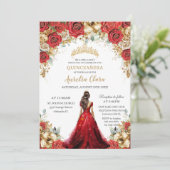 Quinceañera Red Gold Rose Blumendruckkleid Einladung (Stehend Vorderseite)