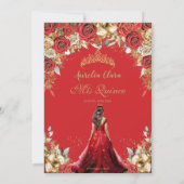Quinceañera Red Gold Rose Blumendruckkleid Einladung (Rückseite)