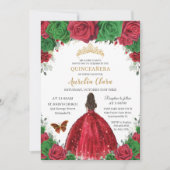 Quinceañera Red Green Rose Blumenprinzessin Gold Einladung (Vorderseite)