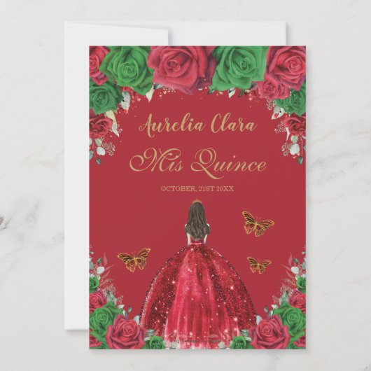 Quinceañera Red Green Rose Blumenprinzessin Gold Einladung (Rückseite)