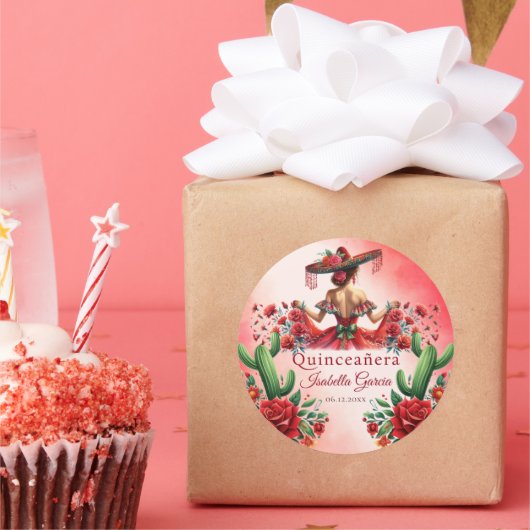 Quinceañera Red Mexican Style Runder Aufkleber (Party)