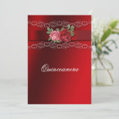 Quinceanera Red Pink Roses Red Satin Einladung (Stehend Vorderseite)