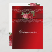 Quinceanera Red Pink Roses Red Satin Einladung (Vorne/Hinten)