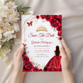 Quinceanera Red Roses Dress Gold Save The Date