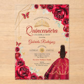 Quinceanera Red Roses Dress Gold White Acryleinladungen (Vorderseite)