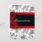 Quinceanera Red Satin Rose Schwarz-weiß Toile Einladung (Vorne/Hinten)