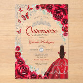 Quinceanera Red Silver Floral Acryleinladungen (Vorderseite)