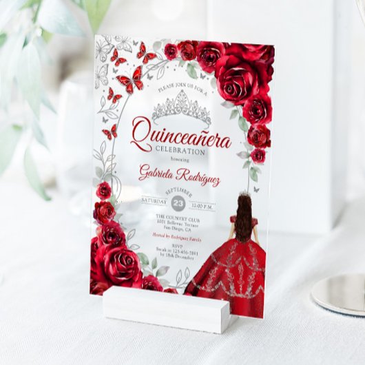 Quinceanera Red Silver Floral Acryleinladungen