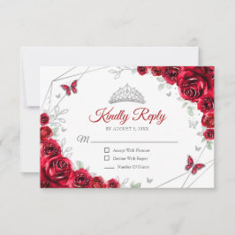 Quinceanera Red Silver Floral Reply RSVP Karte