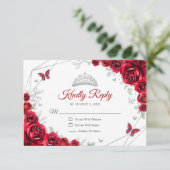 Quinceanera Red Silver Floral Reply RSVP Karte (Stehend Vorderseite)