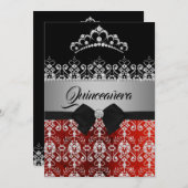Quinceanera Red Silver Sparkle Diamond Tiara Bow Einladung (Vorne/Hinten)