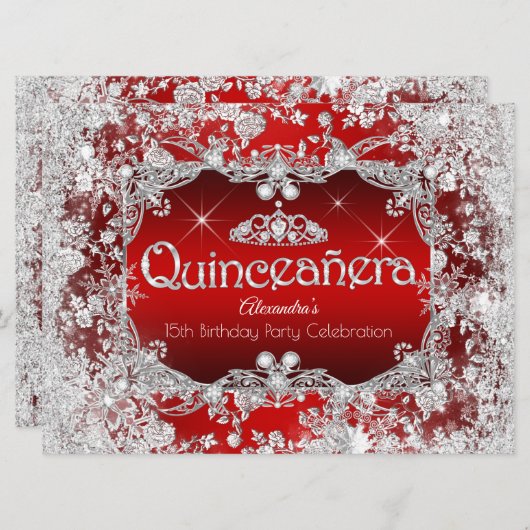 Quinceanera Red Silver Tiara Winter Wonderland Einladung (Vorne/Hinten)