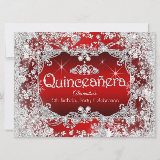 Quinceanera Red Silver Tiara Winter Wonderland Einladung (Vorderseite)