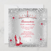 Quinceanera Red Silver Winter Wonderland Einladung (Vorderseite)