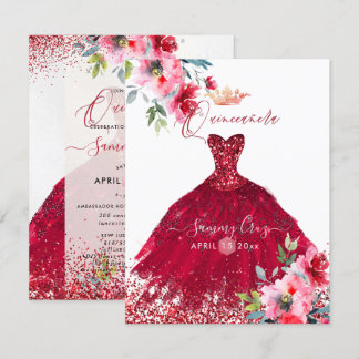 Quinceanera Red Sparkle Gown Aquarell Blume in Einladung