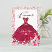 Quinceanera Red Sparkle Gown Wasserfarbe Blume Einladung (Stehend Vorderseite)