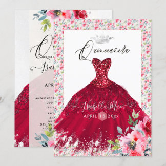 Quinceanera Red Sparkle Gown Wasserfarbe Blume Einladung