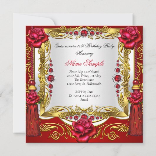 Quinceanera Regal Red Gold Rose Tassels Tiara Einladung (Rückseite)