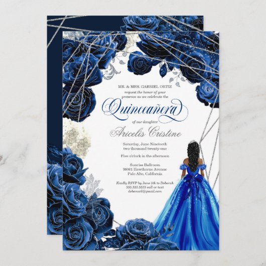Quinceañera Regal Royal Blue & Silver mit Gown Einladung (Vorne/Hinten)