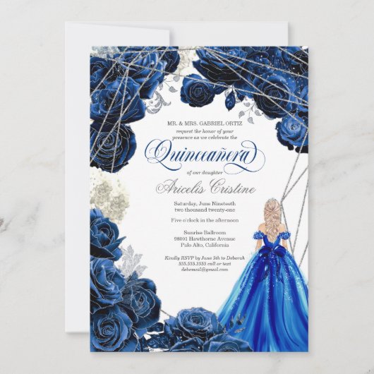 Quinceañera Regal Royal Blue & Silver w Gown Invit Einladung (Vorderseite)