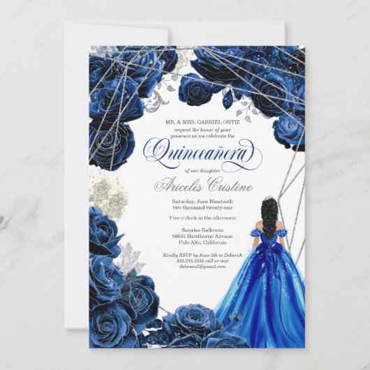 Quinceañera Regal Royal Blue & Silver w Gown Invit Einladung (Vorderseite)