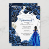 Quinceañera Regal Royal Blue & Silver w Gown Invit Einladung (Vorne/Hinten)