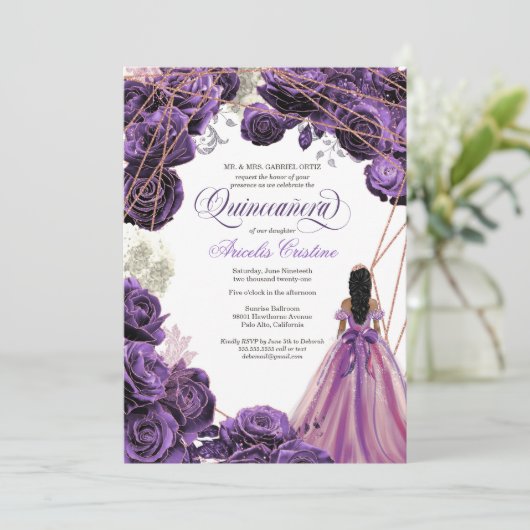 Quinceañera Regal Royal Lila & Rose Gold & Gown Einladung (Stehend Vorderseite)