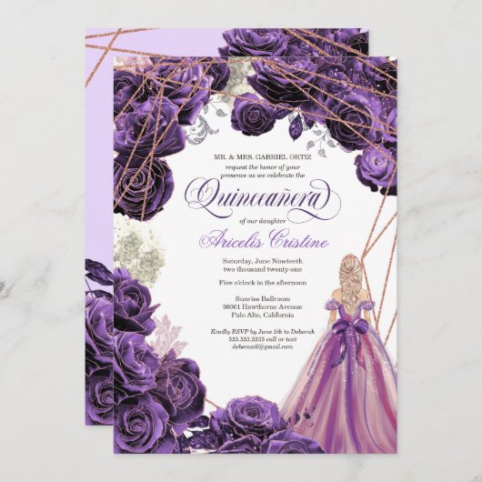 Quinceañera Regal Royal Lila & Rose Gold & Gown Einladung (Vorne/Hinten)