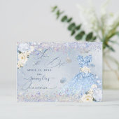 Quinceanera Rett Date Blue Holographic Confetti Einladung (Stehend Vorderseite)