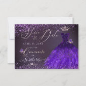 Quinceanera Rett Date Butterfly Ultra Violet Gown Einladung (Vorderseite)