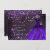 Quinceanera Rett Date Butterfly Ultra Violet Gown Einladung (Vorne/Hinten)