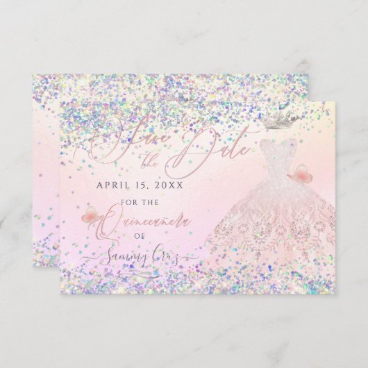 Quinceanera Rett Date Holographic Confetti Invita Einladung (Vorne/Hinten)