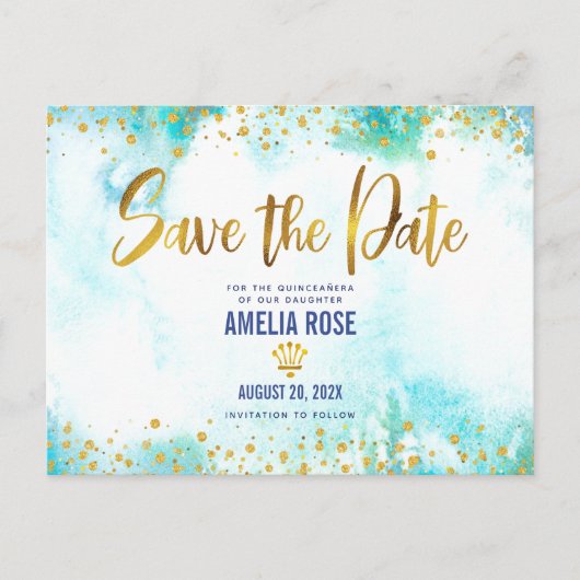 Quinceañera Rett Datum Türkis Wasserfarbe Gold Einladungspostkarte (Vorderseite)