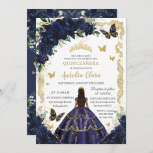 Quinceañera Rich Navy Blue Floral Gold Princess Einladung