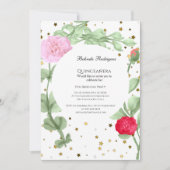 Quinceañera Rosa Blume goldene Sterne Grün Einladung (Vorderseite)