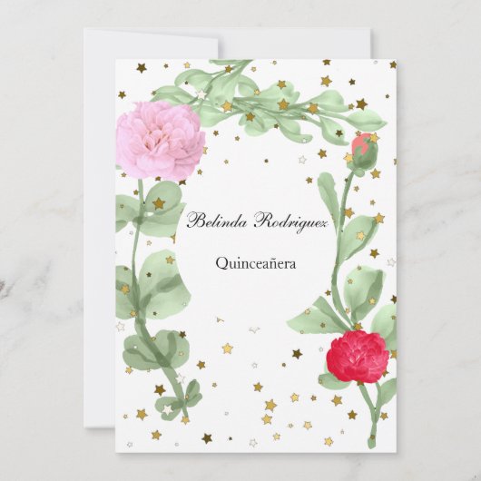 Quinceañera Rosa Blume goldene Sterne Grün Einladung (Rückseite)