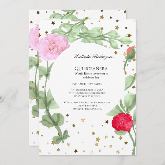 Quinceañera Rosa Blume goldene Sterne Grün Einladung (Vorne/Hinten)