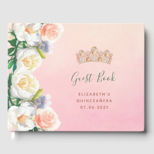 Quinceanera rosa Blume tiara glamourösen Namen Gästebuch (Vorderseite)