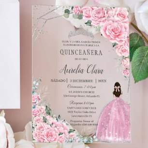 Quinceañera Rosa Blumen Silber 15 Geburtstag Spani Acryleinladungen