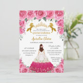 Quinceañera Rosa Blütenprinzessin Charro Goldenes Einladung (Stehend Vorderseite)