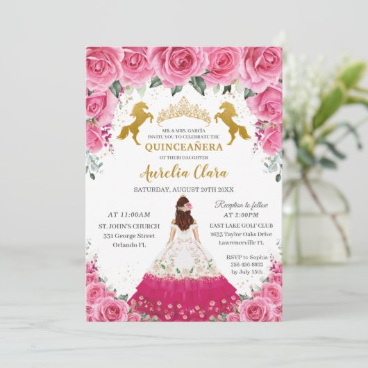 Quinceañera Rosa Blütenprinzessin Charro Goldenes  Einladung (Stehend Vorderseite)