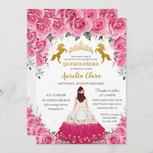 Quinceañera Rosa Blütenprinzessin Charro Goldenes Einladung (Vorne/Hinten)