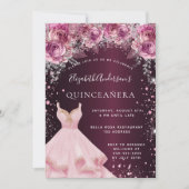 Quinceanera rosa bordeauxfarbene Glitzer Kleid flo Einladung (Vorderseite)